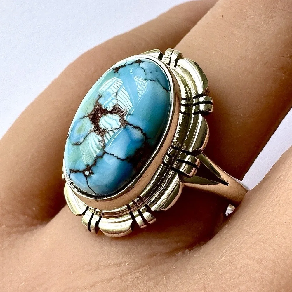 Navajo Blue Golden Hills Turquoise Ring Sz 9 Sterling Norvin‎ Johnson Shine